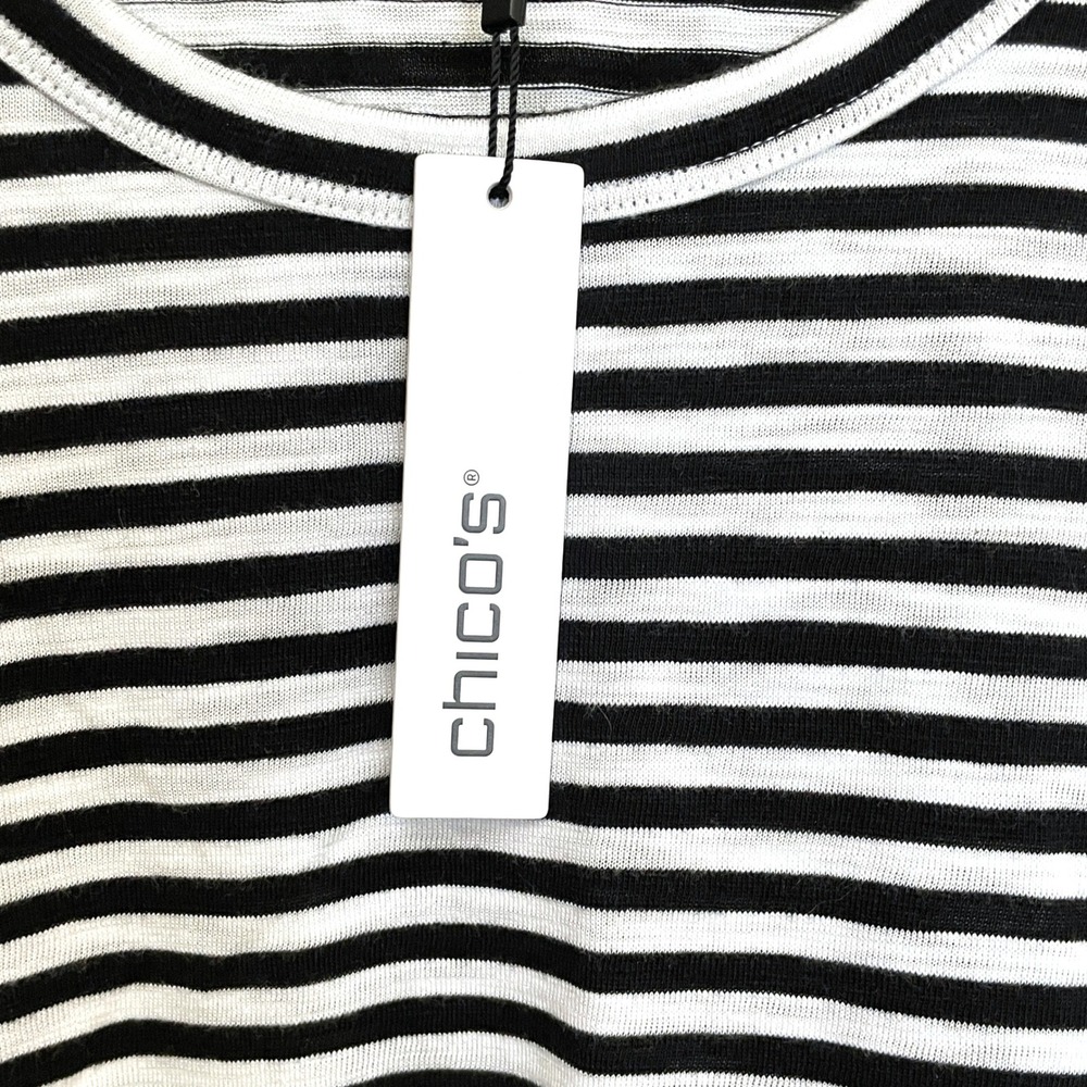 NWT Chico's Size 2 womens‎ L Cotton Stripe Scoop 3/4 Sleeve Top white Black